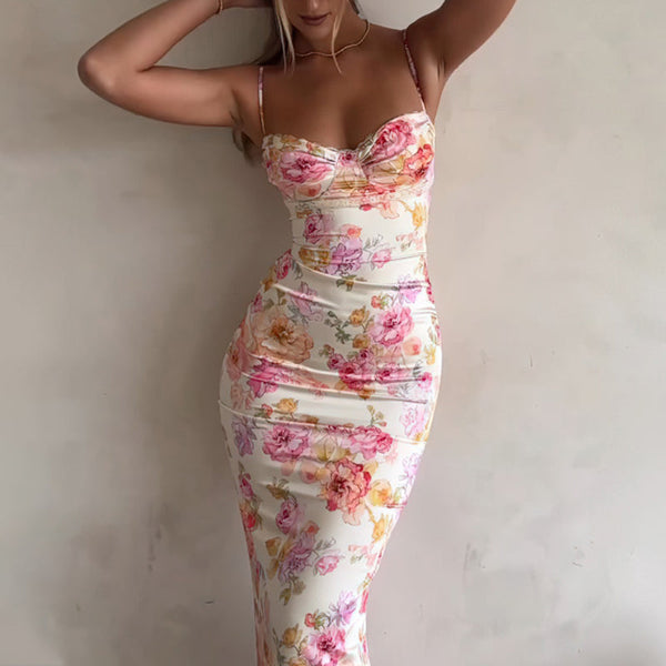 Women's Floral Bodycon Maxi Dress  Spaghetti Strap Vacation & Summer   Tuxedo Closeouts