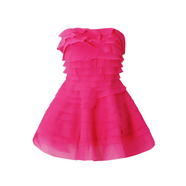 Hot Pink Layered Mesh Strapless Mini Party Prom Dress