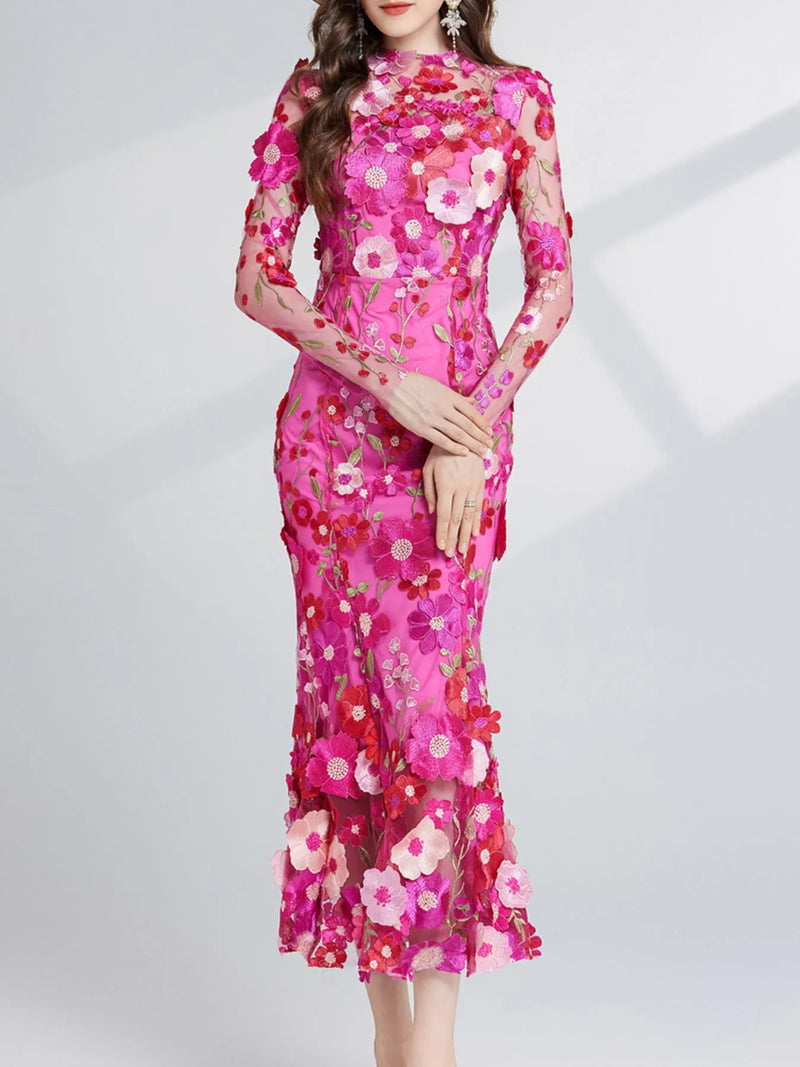 Floral Embroidered Mesh Long Sleeve Midi Dress Floral Embroidered Mesh Long Sleeve Midi Dress