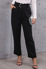 Belted Black Paperbag Waist Pants