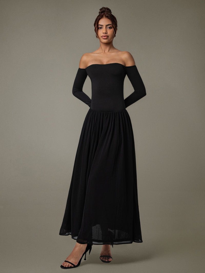 long sleeve off the shoulder maxi dress OFF-SHOULDER | CULT MIA Fabric has some stretch Long Sleeve Off The Shoulder