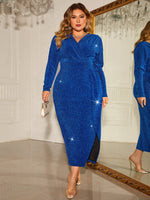 Plus Size Metallic Blue Midi Slit Dress