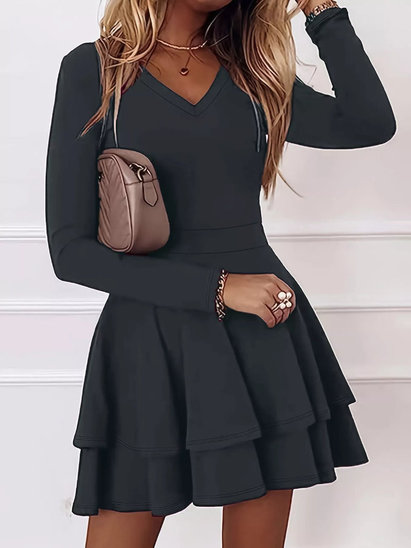 V-Neck Layered Ruffle Mini Skater Dress – Tuxedo Closeouts