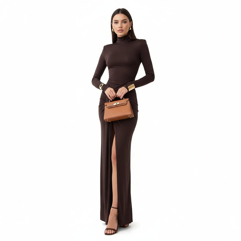 turtleneck long dress with slits Turtleneck Long Sleeve Slit Maxi Dress