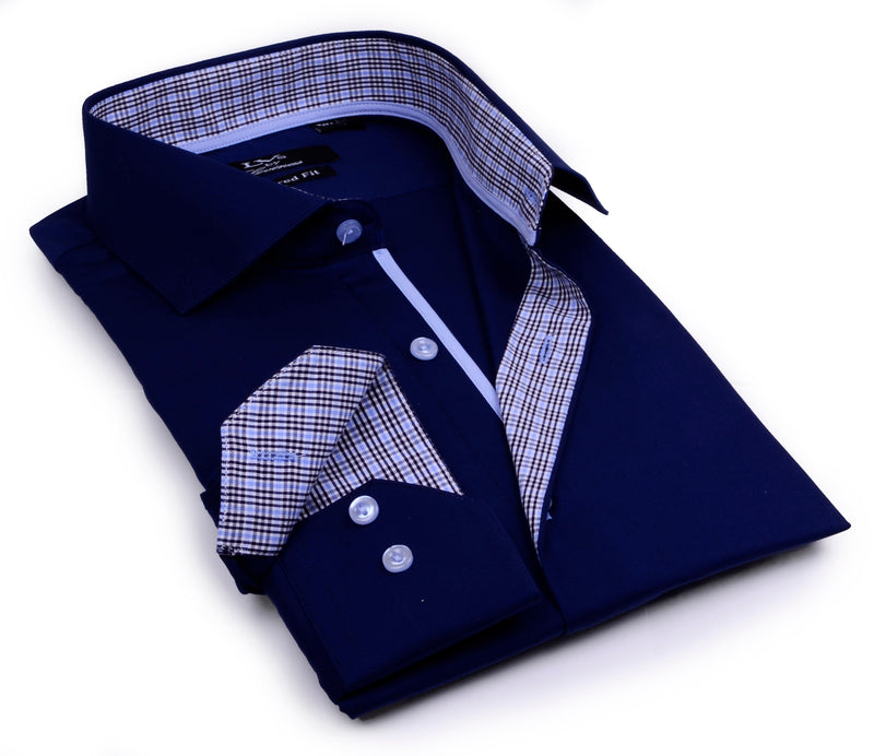 dress shirt mens sale Mens Navy Blue Button-Up Shirt Tailored Fit Plaid Trim