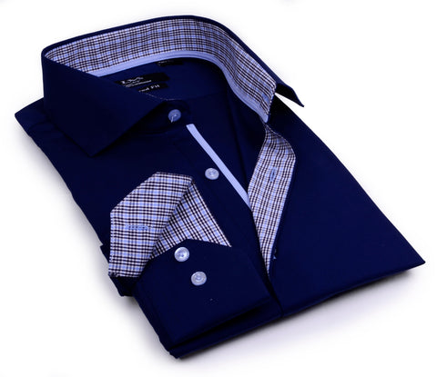 levinas dress shirts Mens Navy Blue Button-Up Shirt Tailored Fit Plaid Trim