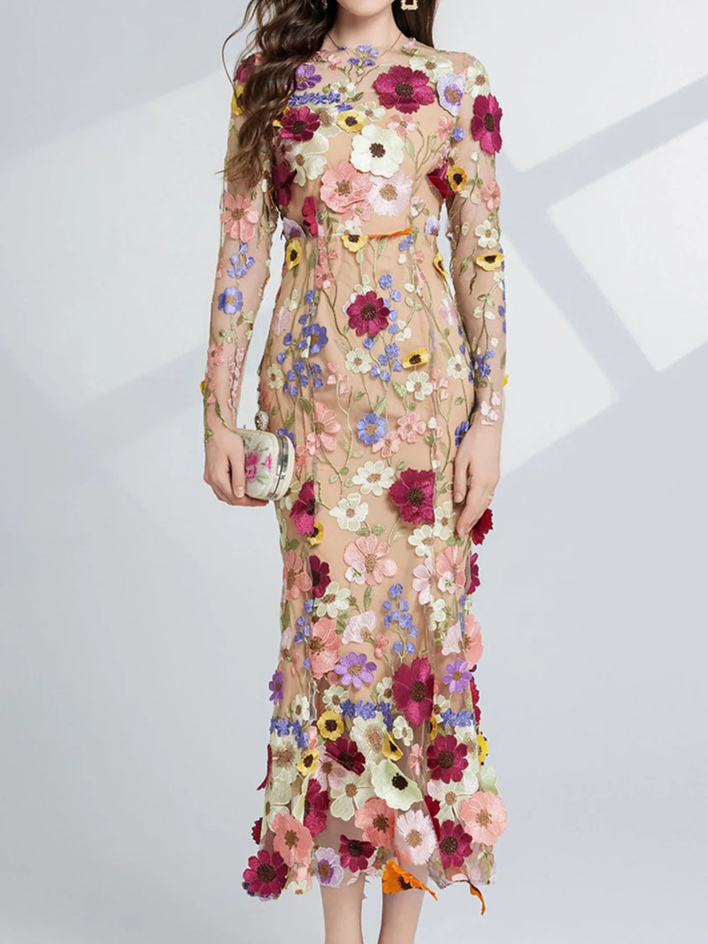 floral embroidered long sleeve cutout linen midi dress Floral Lace-Up Lantern Sleeve Midi Dress Fleur Rtro