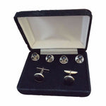 Silver-plated Round Cuff Links & Studs, Black Inserts, Velvet Box