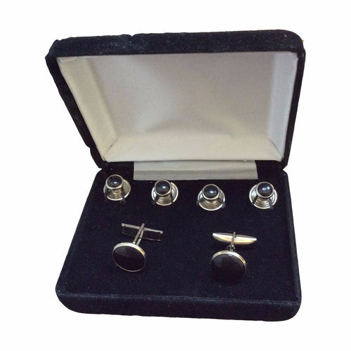 Silver-plated Round Cuff Links & Studs, Black Inserts, Velvet Box