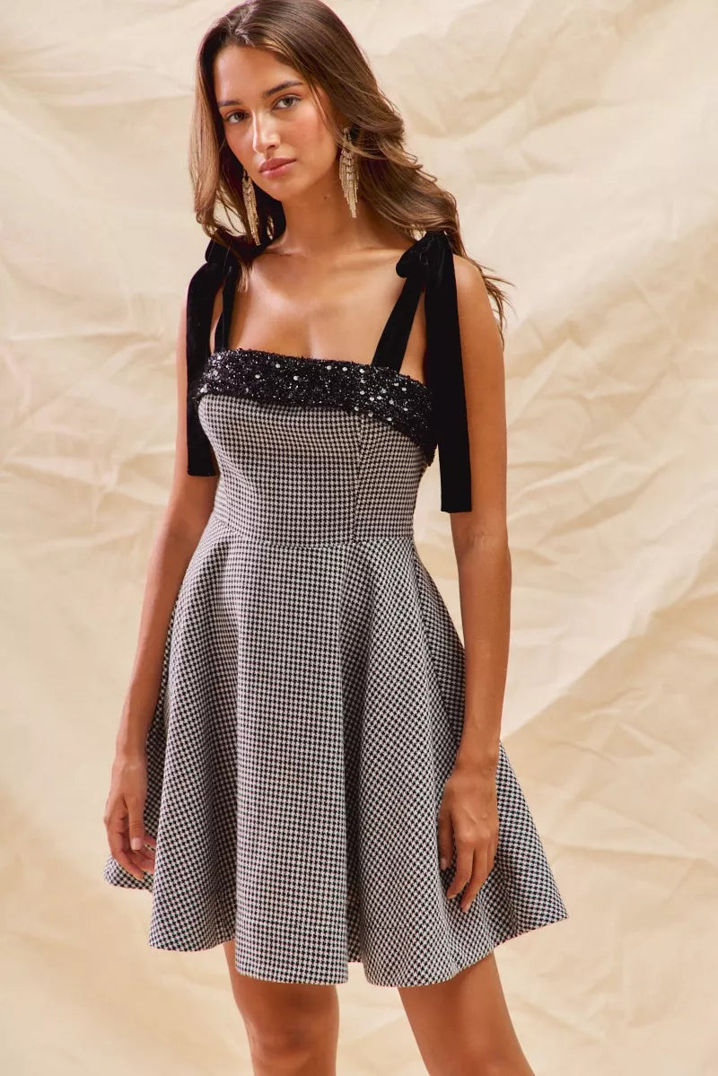 Houndstooth Fit Flare Mini Dress with Shoulder Tie Houndstooth Fit Flare Mini Dress with Shoulder Tie