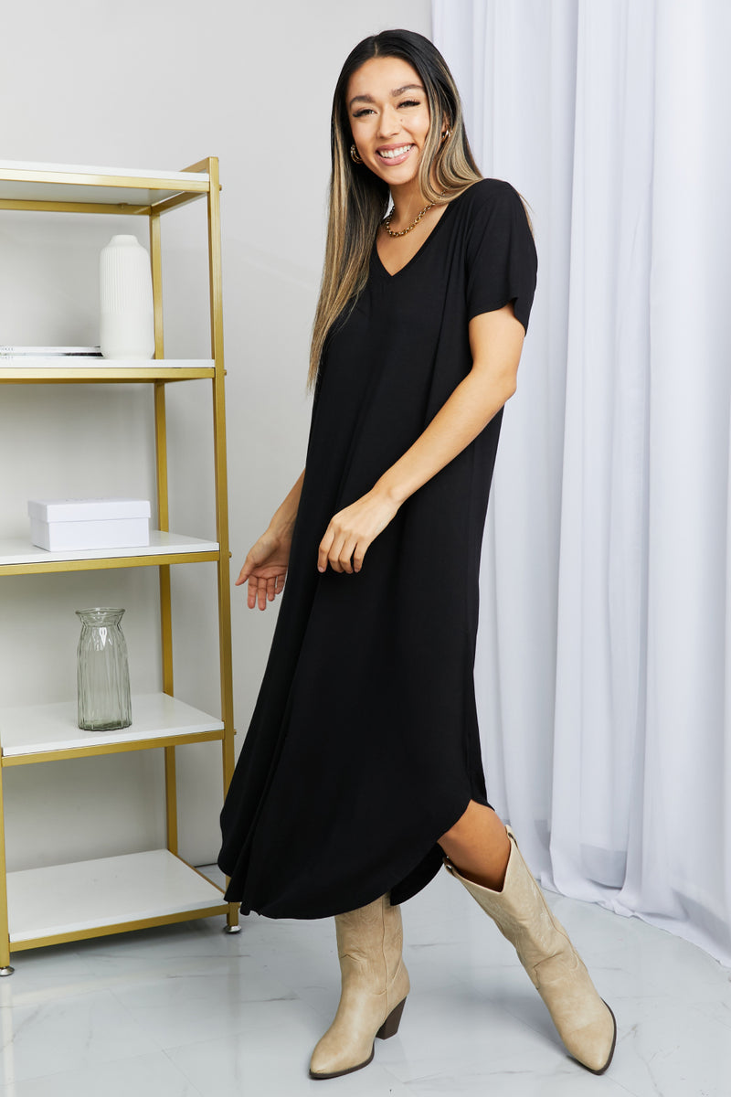 Women's Dress, V-Neck Short Sleeve Curved Hem, Black