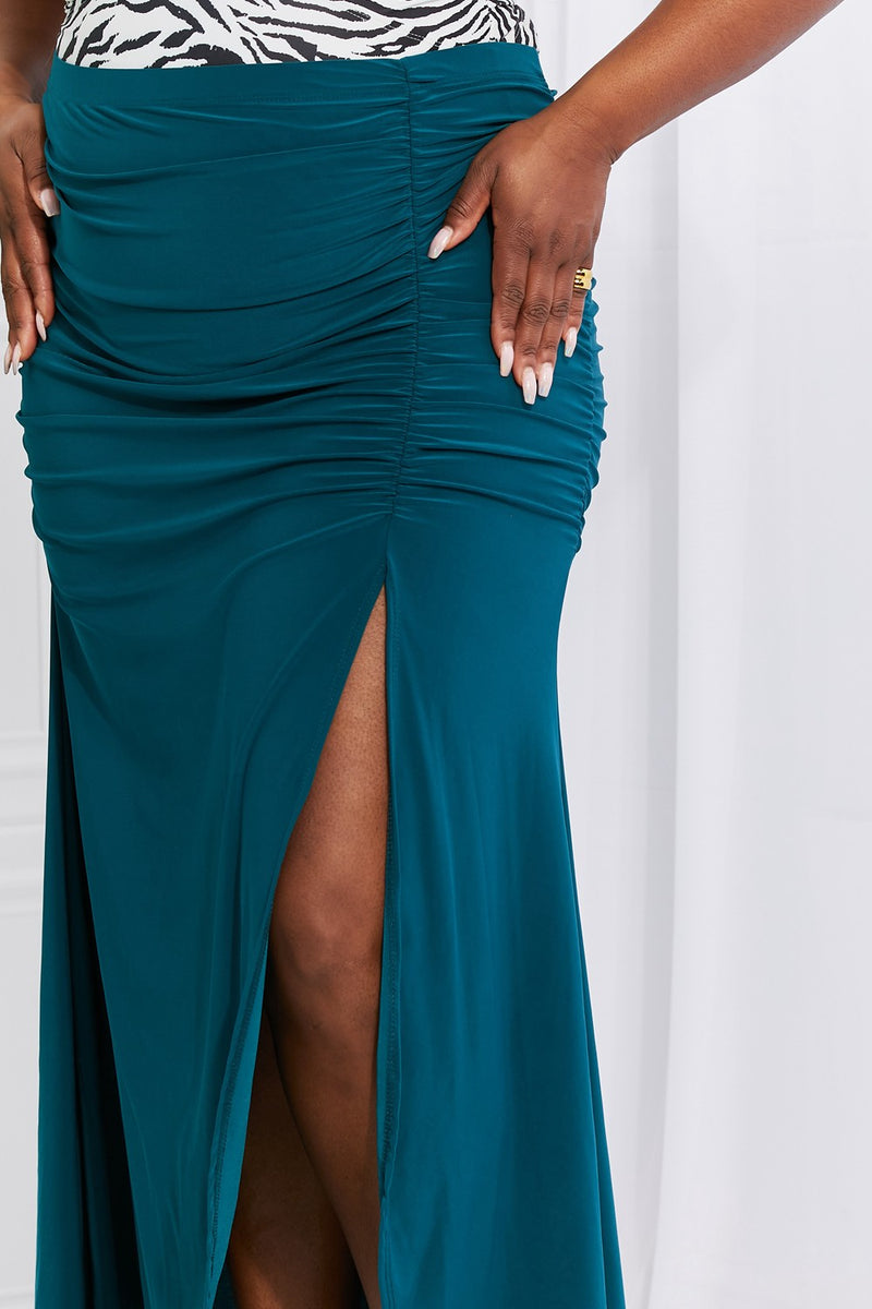 Womens Full Size Up and Up Ruched Slit Maxi Skirt in Teal