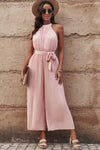 Accordion Pleated Belted Grecian Neck Sleeveless Jumpsuit