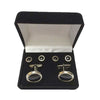 Silver-plated Florentine Round Cuff Links & Studs, Black Inserts, Velvet Box