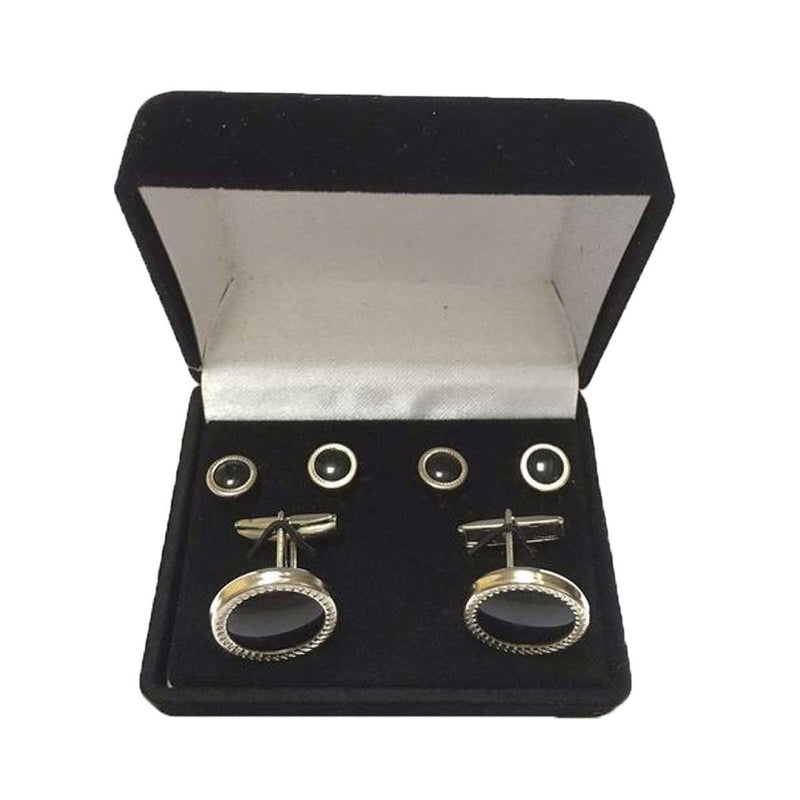 Silver-plated Florentine Round Cuff Links & Studs, Black Inserts, Velvet Box