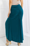 Womens Full Size Up and Up Ruched Slit Maxi Skirt in Teal