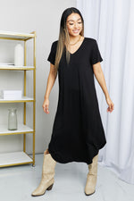 Women's Dress, V-Neck Short Sleeve Curved Hem, Black