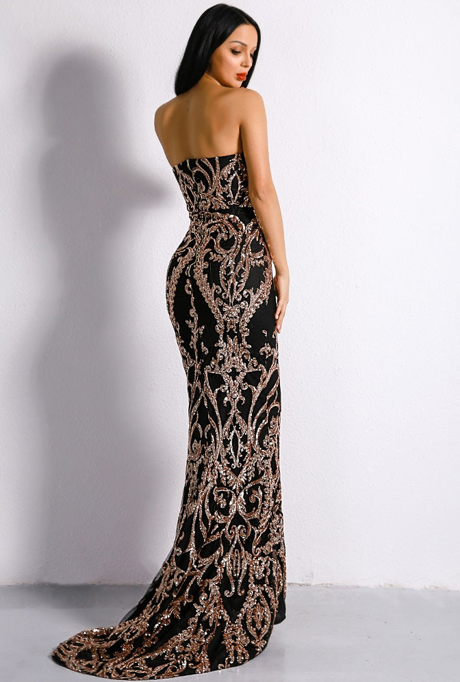 Charming Black Gold Evening Dresses 2020 Trumpet / Mermaid V-Neck Sequins  1/2 Sleeves Floor-Length / Long Formal Dresses