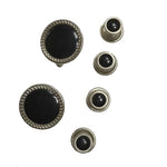 Silver-plated Florentine Round Cuff Links & Studs, Black Inserts, Velvet Box