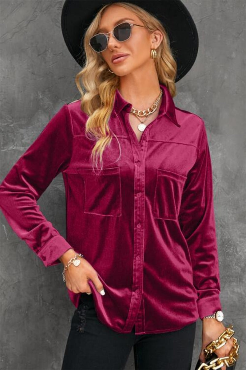 Button Up Collared Neck Long Sleeve Velvet Shirt