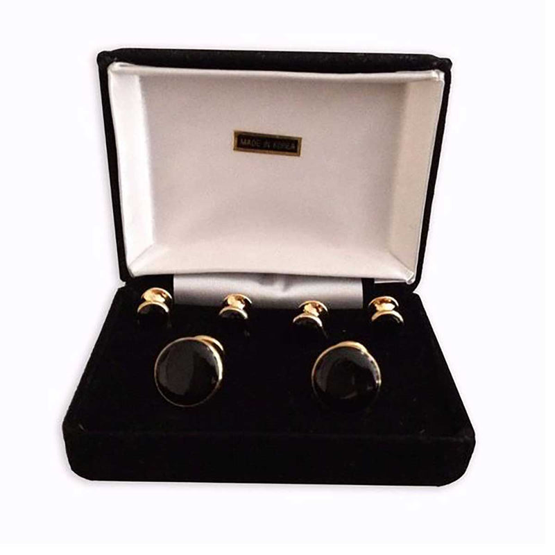 Deluxe Gold-plated Round Cuff Links & Studs, Black Inserts, Velvet Box