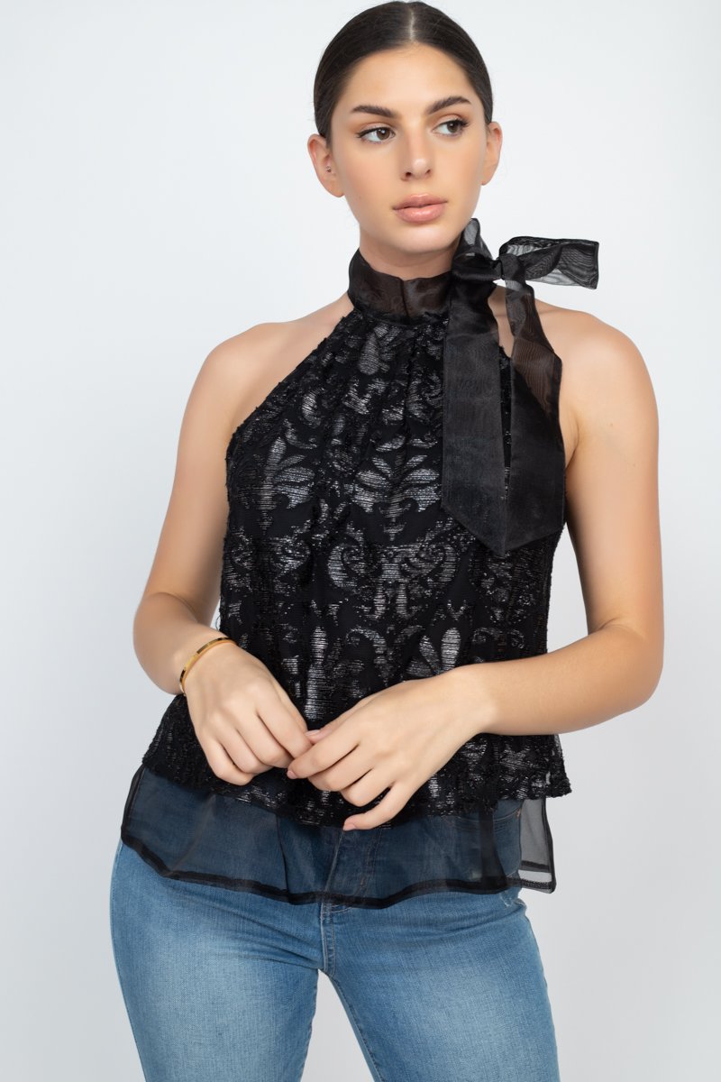 Semi Sheer Black Lace Design Blouse