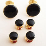 Deluxe Gold-plated Round Cuff Links & Studs, Black Inserts, Velvet Box