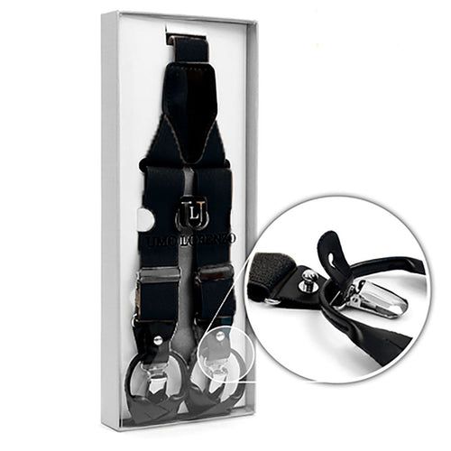 Convertible Button or Clip-On Suspenders with Leather Trim (Black) - Black
